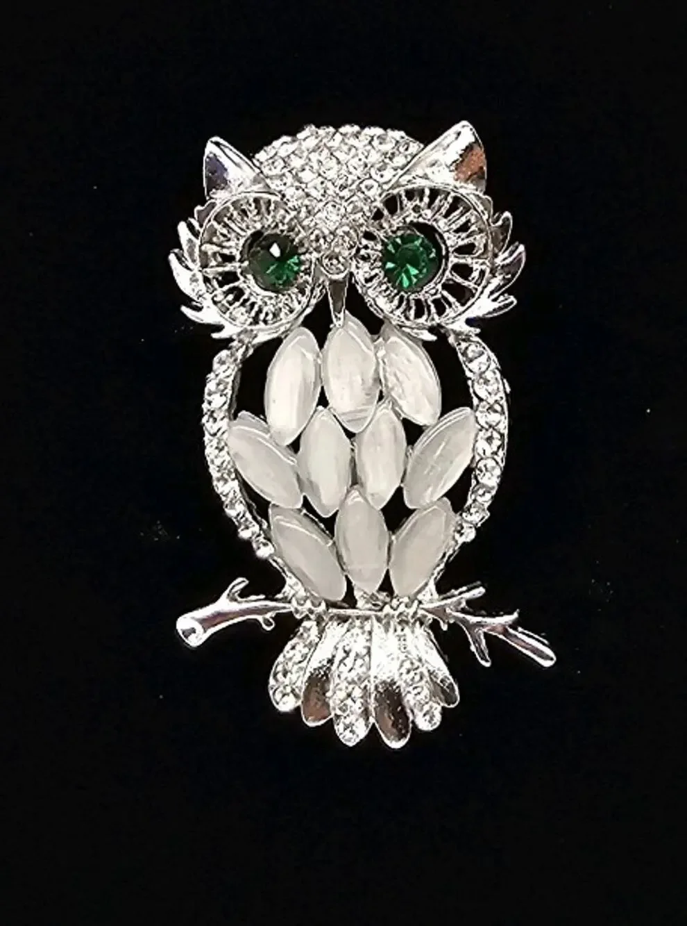 Silver Tone White Green Rhinestone Owl Brooch Pin Statement Large Cottagecore